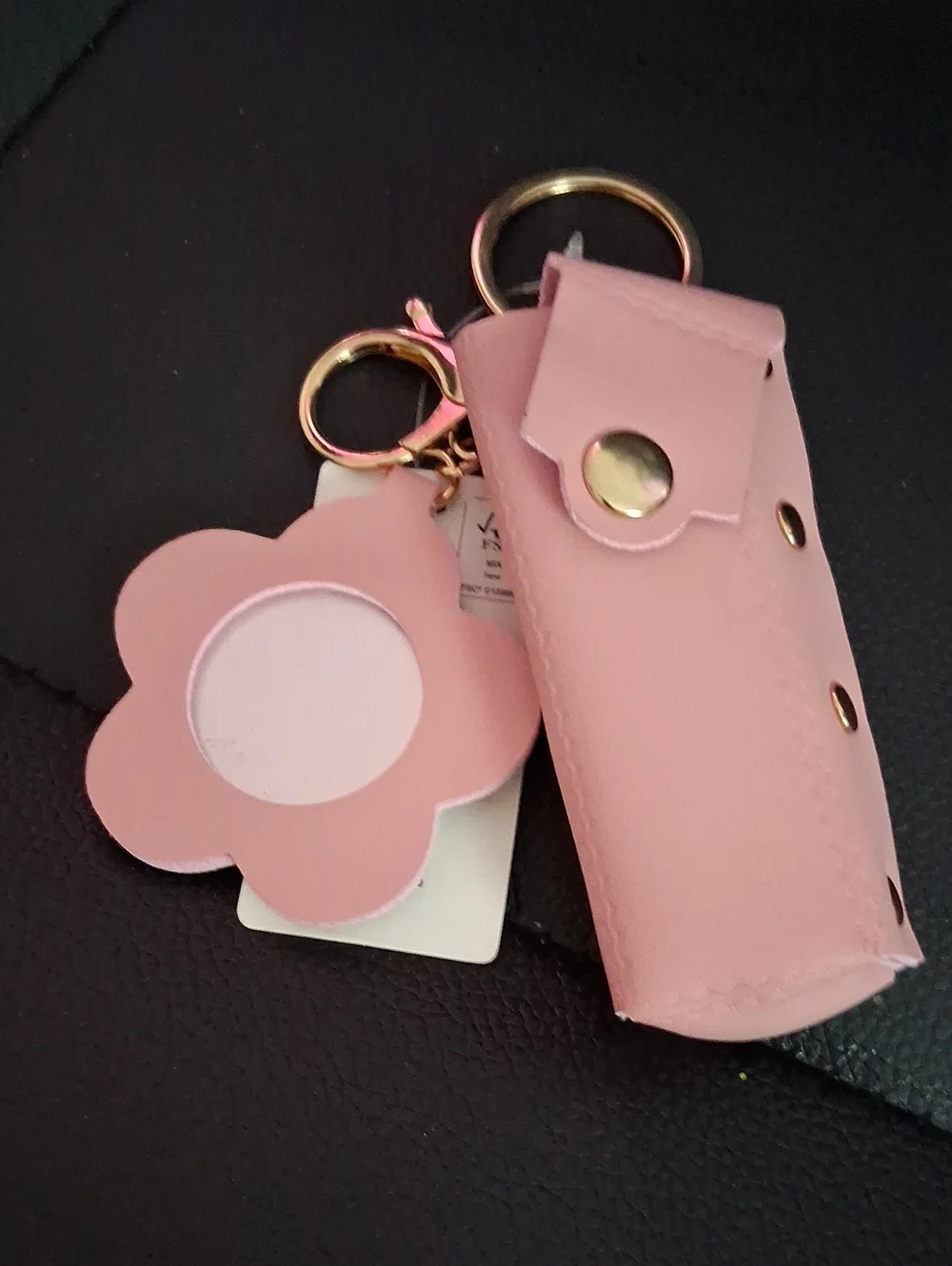 Pink Leatherette Lipstick Holder Keychain with Flower Mirror